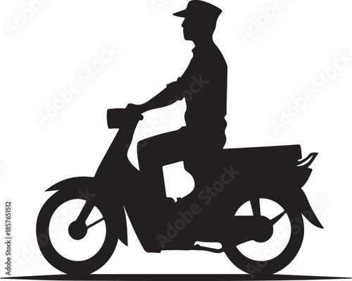 Black silhouette of a man in a cap riding a step-through motorbike, depicted in a profile view against a white background.