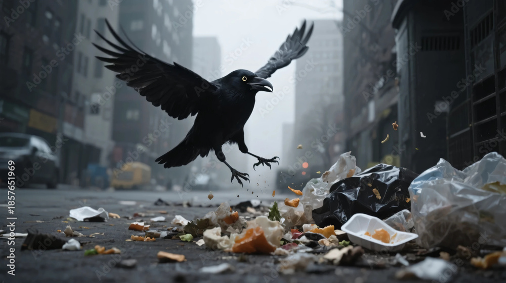 Obraz premium Crows scavenging for food waste in the city streets. Crows flapping their wings.