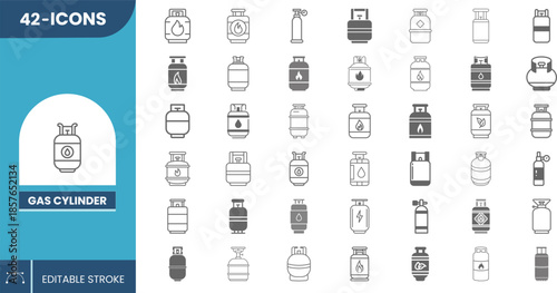 Gas Cylinder Icon Set Vector Editable – Cooking Gas, LPG Tank, Energy Supply & Fuel Storage Symbols.