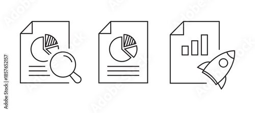 Minimal line analytics icon set with charts, graphs, gears, and data analysis symbols, representing business intelligence, performance tracking, and reporting. analytic icons.