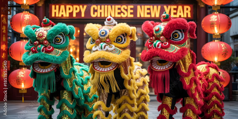 Fototapeta premium Chinese New Year Celebration: Vibrant Lion Dance Performance