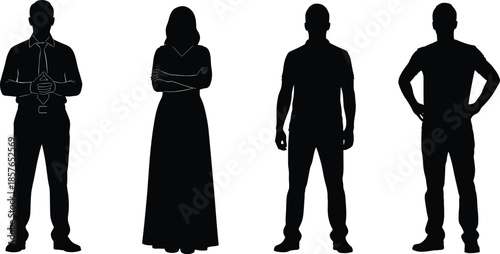 Business people silhouette set, man woman standing poses, professional teamwork concept, black vector illustration isolated on white background studio design