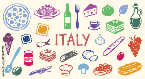 Italy Icon Set. Italian Food. A hand drawn vector collection of pizza, pasta, wine, cheese, tomato and gelato for a restaurant menu, pizzeria flyer, and culinary travel guide.