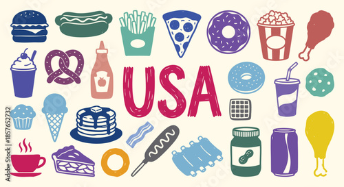 USA Icon Set. American Food. A colorful vector collection of burger, pizza, hot dog, fries, donut and soda for a fast food menu, diner advertisement, and Fourth of July party.