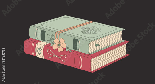 Two vintage books stacked on a dark background with decorative ribbon and flower.
