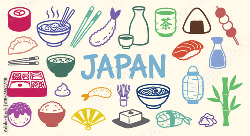 Japan Icon Set. Japanese Food. A colorful vector collection of sushi, ramen, sake, tempura, tea and bento box for a restaurant menu, Asian travel guide, and cultural illustration.
