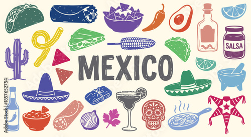 Mexico Icon Set. Mexican Food. A colorful vector collection of taco, burrito, tequila, nachos, sombrero and cactus for a restaurant menu, Cinco de Mayo party, and travel brochure.