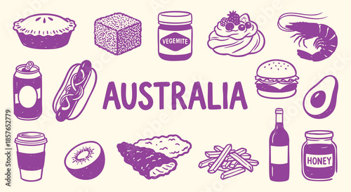 Australia Icon Set. Aussie Food. A hand drawn vector collection of meat pie, vegemite, pavlova, bbq prawn and burger for a travel guide, restaurant menu, and tourism flyer.