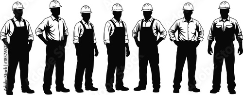 Construction workers silhouette group, industrial labor team wearing safety helmets, black vector illustration isolated on white background