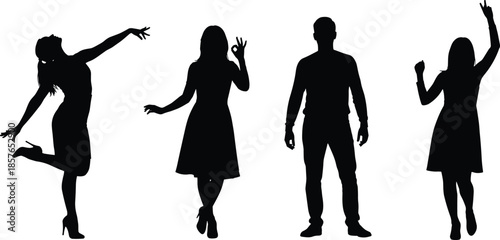 Dancing people silhouettes set, male female figures posing, happy celebration movements, black vector illustration isolated on white background