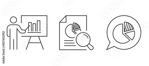 Minimal line analytics icon set with charts, graphs, gears, and data analysis symbols, representing business intelligence, performance tracking, and reporting. analytic icons.