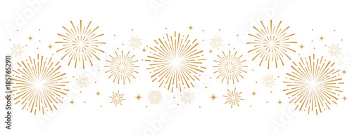 Elegant gold fireworks burst and sparkling stars on clean white background, festive celebration illustration for New Year, holiday party, greeting card, luxury event design, minimalist style vector.