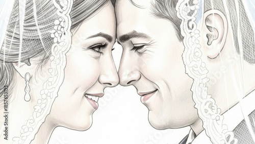 A breathtakingly detailed pencil portrait of a bride and groom — foreheads touching, smiling softly with closed eyes. Delicate lace veils frame their faces, capturing pure love, intimacy, and joy. 