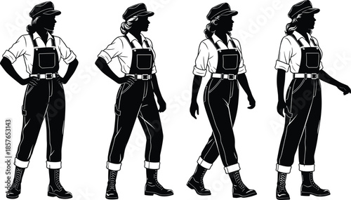 Female worker silhouette set in overalls and cap, walking standing poses, industrial labor fashion concept, black vector illustration