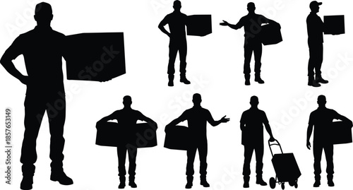 Delivery worker silhouettes carrying boxes set, courier logistics poses, moving service men, black vector illustration isolated on white background