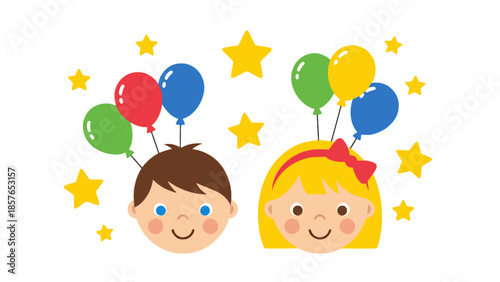 Happy cartoon boy and girl faces with colorful balloons and stars festive celebration decoration party
