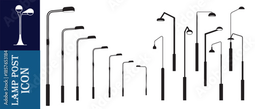 Set of black street lamp post icons isolated on white background for outdoor illumination design