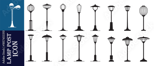 Contemporary lamp post icon set black and white collection simple minimal design street light style