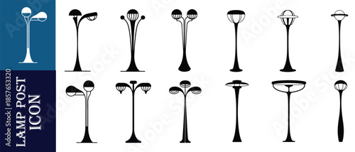 Modern lamp post icon set black and white collection simple minimal design street light style
