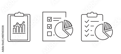 Minimal line analytics icon set with charts, graphs, gears, and data analysis symbols, representing business intelligence, performance tracking, and reporting. analytic icons.