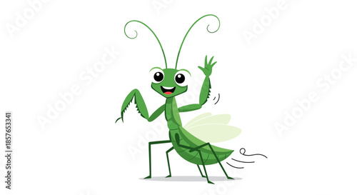 Cute cartoon praying mantis waving hello with a happy expression.