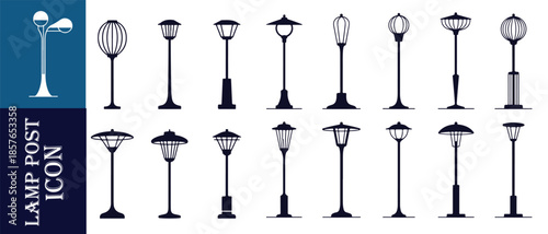 Elegant lamp post icon set black and white collection simple minimal design street light style