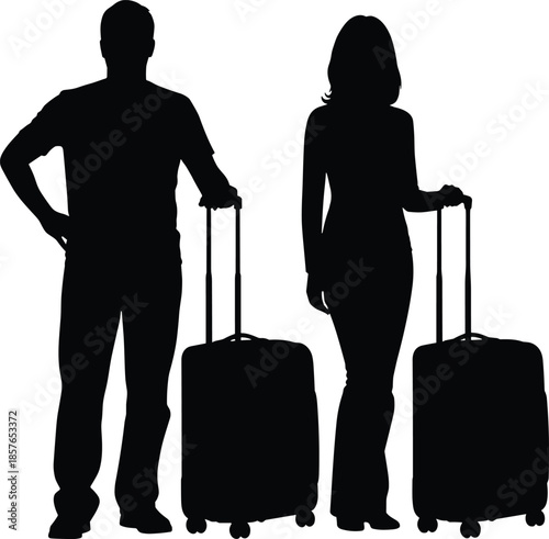 Man and woman traveler silhouettes with luggage, couple standing with suitcases, travel tourism concept, black vector illustration isolated background
