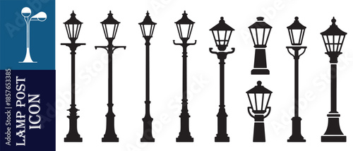 Set of various black vintage outdoor street lamps and lampposts with ornate details isolated on white