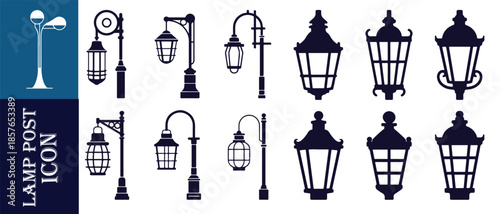 Ornate street lamp post icon set black and white vintage style park and city light collection