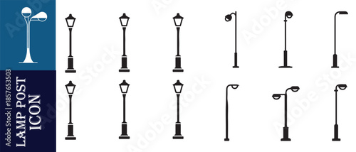 Variety of black street lamps and lampposts in both vintage and modern styles isolated on white