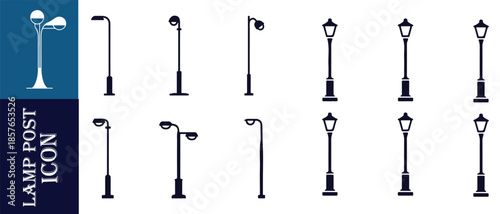 Set of black street lamp post icons on white background isolated on blue panel with text
