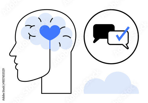 Line art head with heart in the brain, chat bubbles with check mark, cloud element. Ideal for emotional health, mindfulness, empathy, decision-making, communication, mental clarity self-awareness