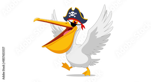 Funny cartoon pirate pelican with eye patch and hat.