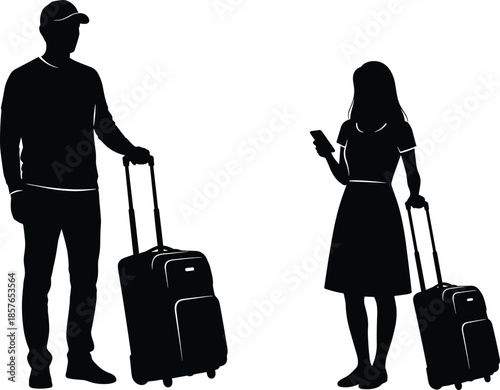 Traveler silhouettes using smartphone with rolling luggage, man and woman tourists standing, modern travel lifestyle concept, black vector illustration