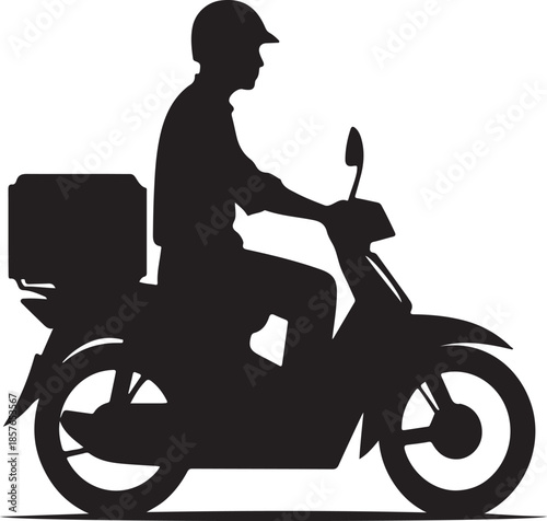 Black silhouette of a motorbike delivery driver or taxi rider wearing a helmet, carrying a box on the back.
