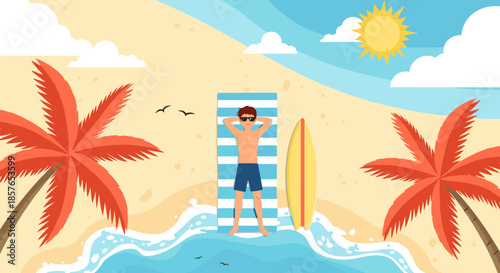Man Relaxing on Beach Towel with Surfboard Palm Trees and Ocean Waves.