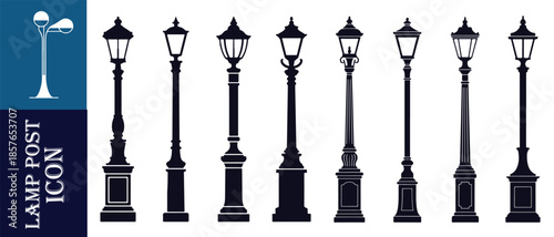 Set of black ornamental street lamp post icons on white background isolated on blue panel with text