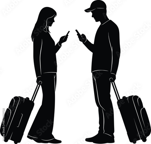 Travel couple silhouettes using smartphones with rolling suitcases, man and woman tourists standing facing, modern digital travel lifestyle concept