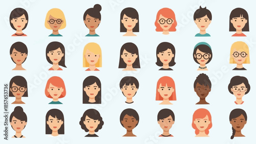 Diverse Group of Cartoon Women Faces Representing Different Ethnicities and Styles.