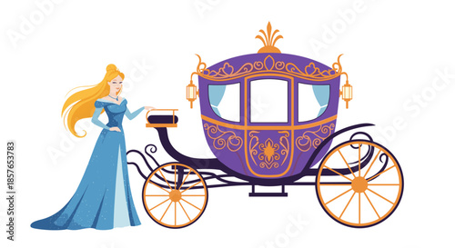 Beautiful Princess Standing Next to Ornate Royal Carriage.
