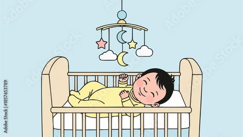 Adorable baby sleeping peacefully in a wooden crib with a mobile above.