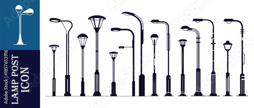 Modern street lamp post icon set in dark blue, black and white minimal design