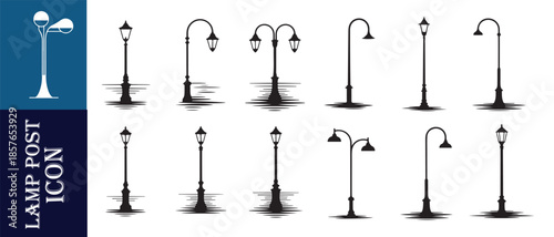 Classic style street lamp post icon set in dark blue, black and white minimal design