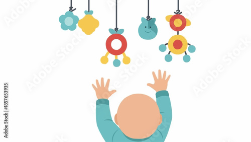 Baby reaching for colorful hanging toys above crib.