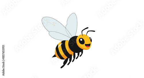 Cute cartoon bee flying with transparent wings and black and yellow stripes.
