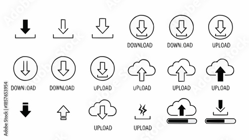 Collection of download and upload icons with text labels.