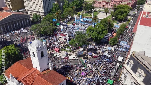 Buenos Aires, Argentina, December 22, 2025: Aerial view of a demonstration in Plaza de Mayo. (Protest)