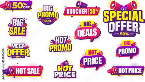 Colorful Sale Promotion Badges and Banners with Megaphone for Retail Marketing Vector Set