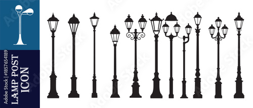 Extensive collection of ornate street lamp post silhouettes for classic city and garden illumination