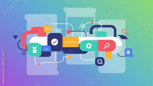 Abstract digital interface elements connected in a network.